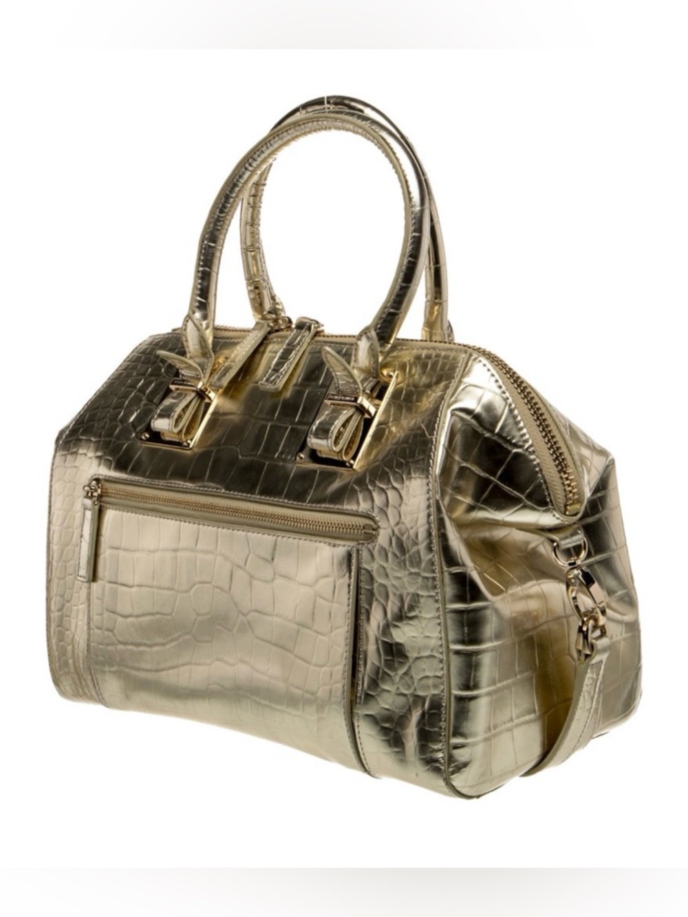 Henri Bendel Large Metallic Gold Croc-Embossed Satchel Handbag! W dust bag!